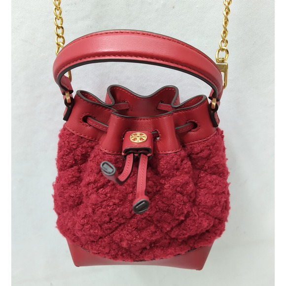 Tory Burch Willa Boucle Red Tweed Mini Drawstring Bucket Crossbody Bag - Picture 5 of 16